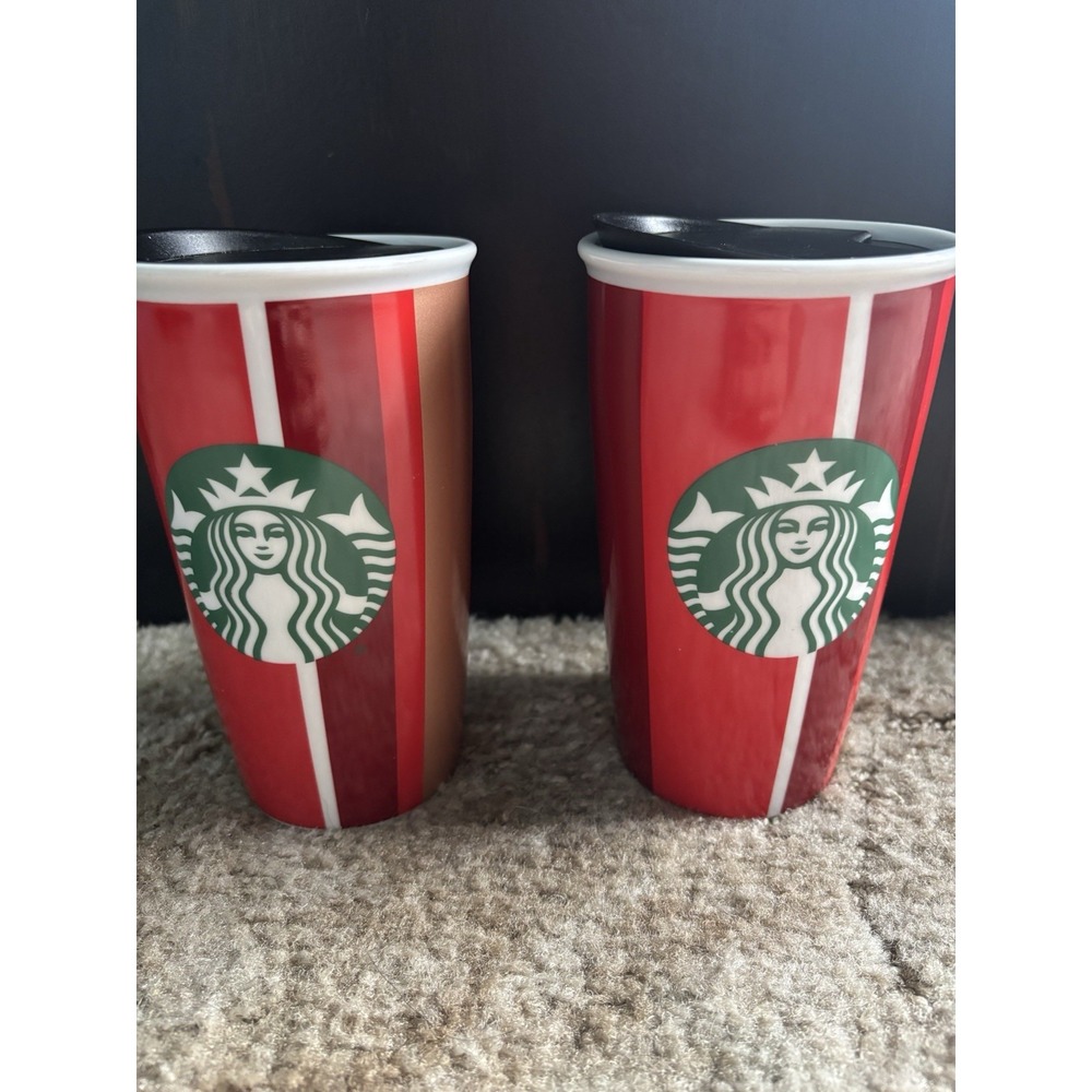 Lot of 2 Starbucks Holiday Red Gold Stripe Ceramic Travel Mug Tumbler Lid 12oz